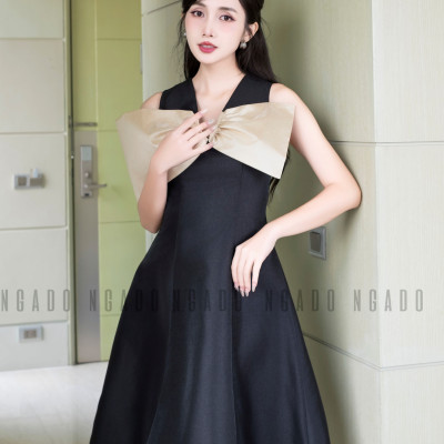 Đầm đen tay nơ NGADO , Đầm xòe , Đầm dự tiệc