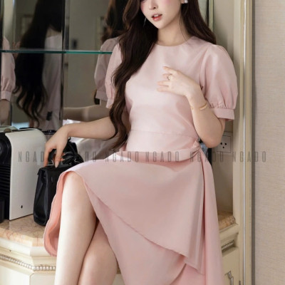 Đầm hồng cổ tròn NGADO , đầm nữ , Đầm tay phồng , Đầm dự tiệc sang chảnh