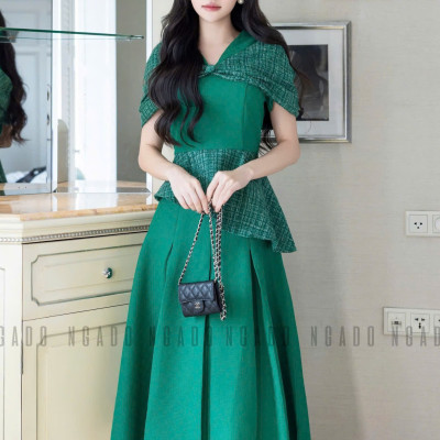 Set áo váy xanh lá tay phối nơ NGADO , đầm dự tiệc , đầm thiết kế