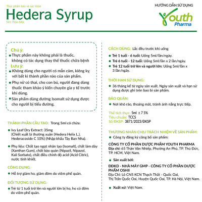 Siro Hedera Syrup Youth Pharma hỗ trợ giảm ho, giảm đờm. Hộp 20 gói (5ml/gói)