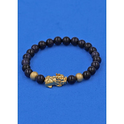 Vòng đeo tay đá Lam Sa 6 ly cẩn Tỳ Hưu inox vàng VLSTHHBV6