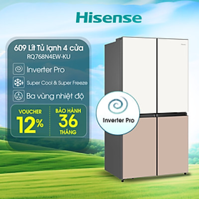 Tủ lạnh Hisense Inverter 4 cửa RQ768N4EW-KU 609L tiết kiệm điện, bảo hành 3 năm - HÀNG CHÍNH HÃNG