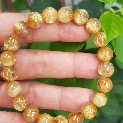 Vòng đeo tay phong thủy may mắn nữ đá thạch anh tóc vàng đồng trục tự nhiên Size vòng hạt 9mm ánh sáng rất đẹp Vòng chuẩn hợp nữ mệnh kim, mệnh thổ, mệnh Thủy ạ