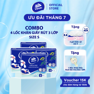 [MUA 4 LỐC SIZE S TẶNG 4 GÓI SIZE S] Khăn giấy rút cao cấp Vinda Deluxe 3 lớp 50 tờ size S (4 Gói)