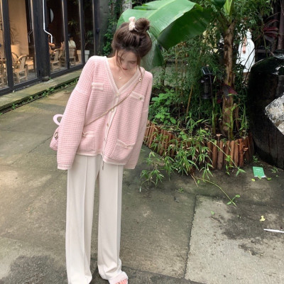 Áo khoác len cardigan màu hồng dáng rộng oversize phong cách Hàn