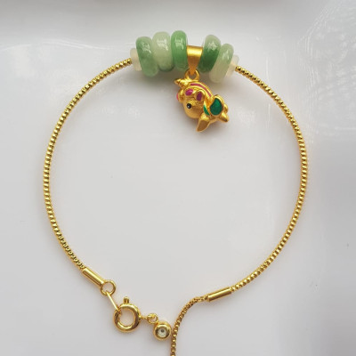 Vòng Tay charm xinh đẹp 5 đồng tiền đá cẩm thạch tự nhiên Đồng tiền Xanh ngọc trắng phối charm chú dê nhỏ may mắn Vòng màu vàng khoen rút xinh Nữ đeo dễ thương ạ