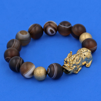 Vòng chuỗi đeo tay mã não nâu sọc mờ 14 ly ( size lớn ) charm tỳ hưu và bi inox vàng, vòng tay chuỗi hạt