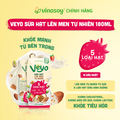 Thùng Veyo Sữa hạt lên men tự nhiên Vị Dâu Nhật (30hộp x 180ml)
