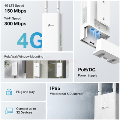 Bộ mở rộng sóng Wifi 4G LTE TP-Link Outdoor Router 300 Mbps TL-MR100-Outdoor - Hàng chính hãng