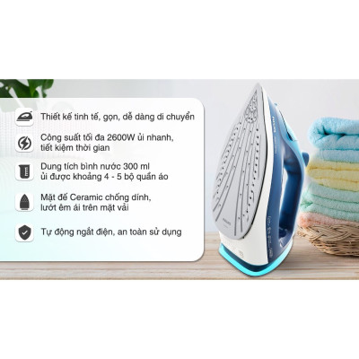 Bàn là, bàn ủi hơi nước cầm tay Philips DST3040, công suất 2600W, phun hơi tự động, bảo hành 2 năm| Hàng Chính Hãng