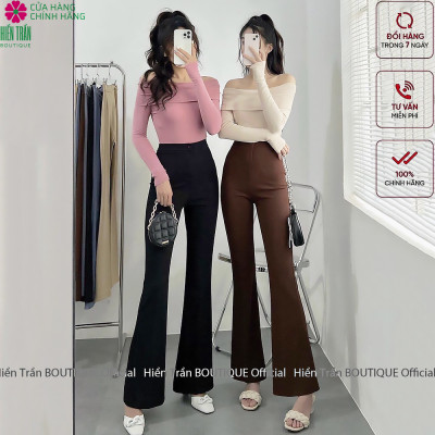 Quần ống loe Hiền Trần BOUTIQUE lưng cạp cao 1 cúc suông rộng nữ dài culottes màu đen nâu