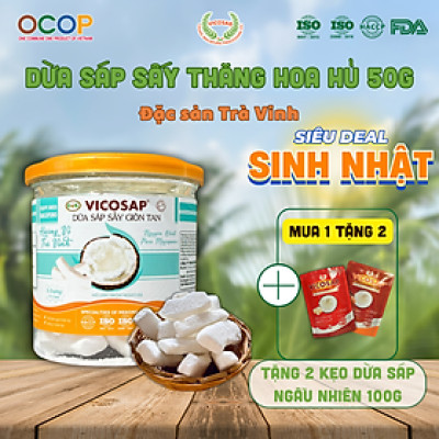 Dừa sáp sấy giòn cao cấp VICOSAP ít đường đồ ăn vặt healthy đặc sản Trà Vinh hộp 50g