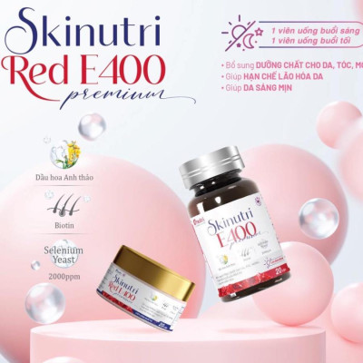 Skinutri Red E400 Bổ sung dưỡng chất cho Da, Tóc, Móng, hạn chế lão hóa da, giúp da sáng đẹp - Hộp 2 lọ x 20 viên