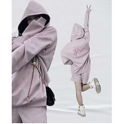 Áo Hoodie da lộn chữ thêu dáng oversize cao cấp
