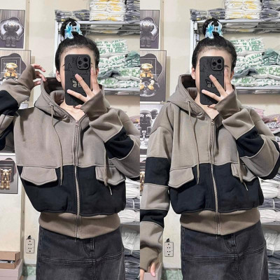 [LZ] Áo khoác Kéo Cao Nỉ Dày Chống Nắng Dáng Lửng Phối Màu Tay Xỏ Ngón 4 Túi Nón To hàng đẹp xitin-A2165