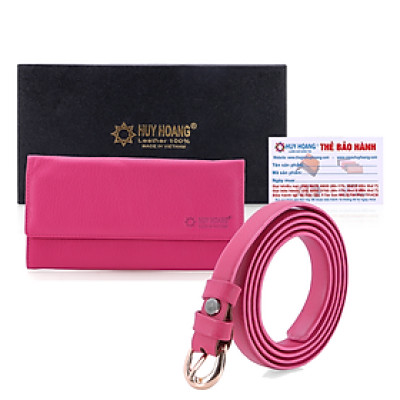 Bộ Ví nữ và Thắt lưng nữ Huy Hoàng da bò màu hồng HC3128-5132
