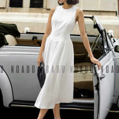 Đầm trắng xoè cổ tròn sát nách NGADO , đầm nữ , Đầm xòe nữ sát nách