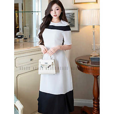 Đầm trắng cổ tròn phối đen NGADO