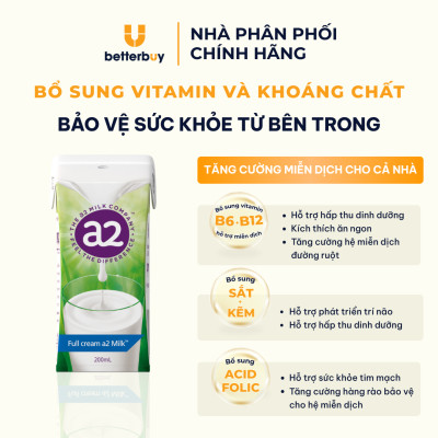 Combo 4 Hộp Sữa Tươi Nguyên Kem Tiệt Trùng a2 Milk - a2 Milk UHT 200ml