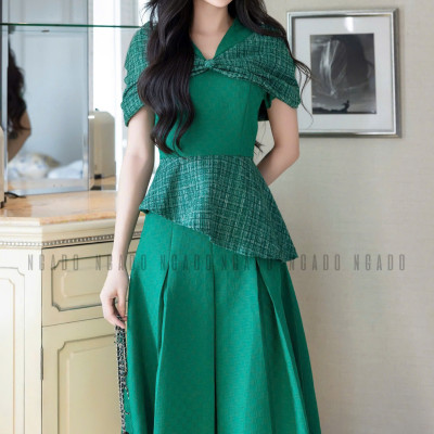 Set áo váy xanh lá tay phối nơ NGADO , đầm dự tiệc , đầm thiết kế